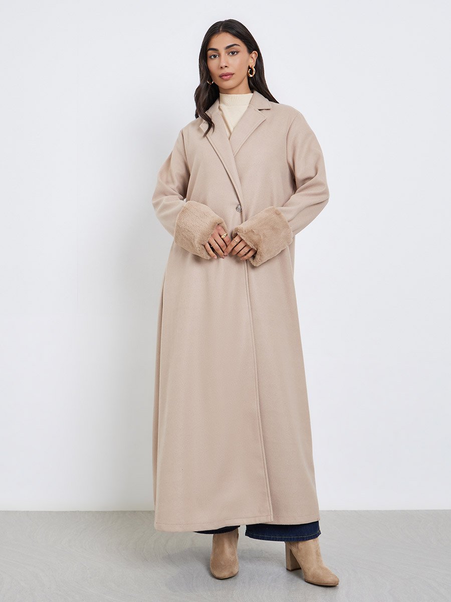 Collared Abaya with Faux Fur Trim Cuff
