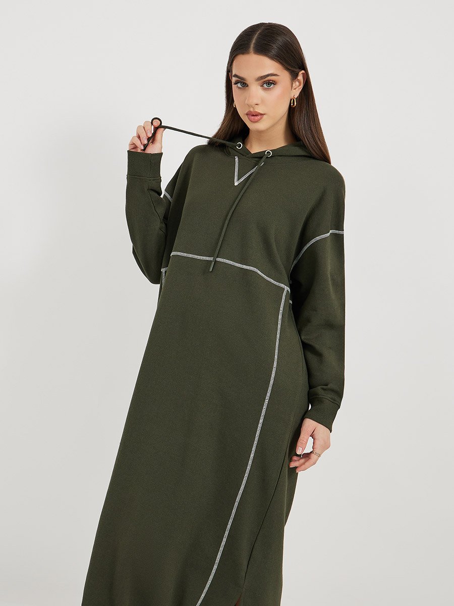 Contrast Overlock Stich Hooded Sweatshirt Midi Dress