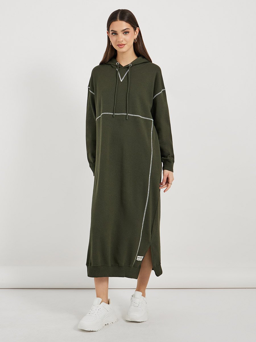 Contrast Overlock Stich Hooded Sweatshirt Midi Dress