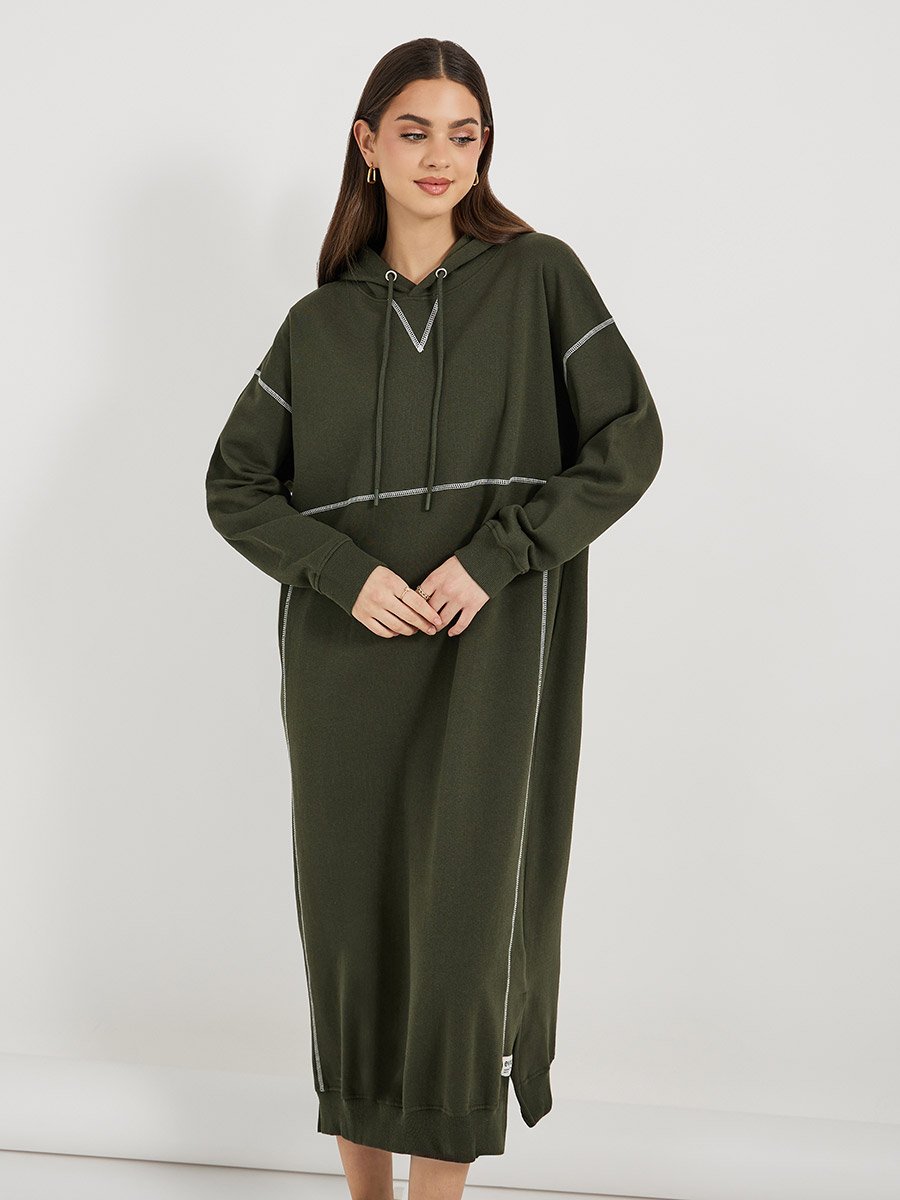 Contrast Overlock Stich Hooded Sweatshirt Midi Dress