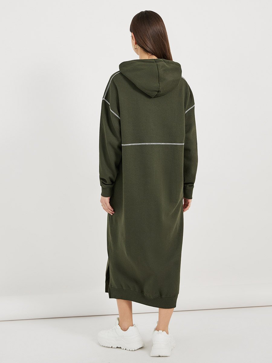 Contrast Overlock Stich Hooded Sweatshirt Midi Dress