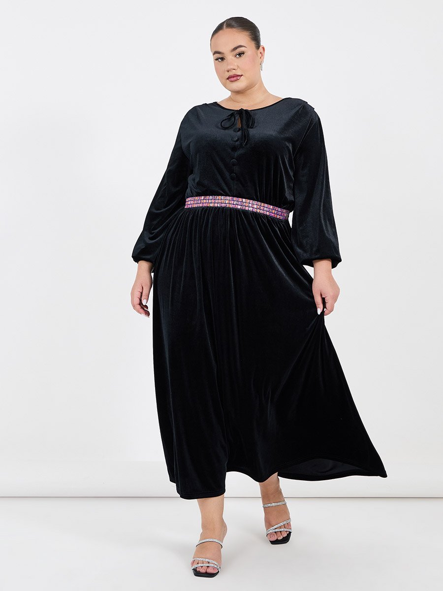 Plus Size Embroidered Waistband Velvet Look Maxi Dress
