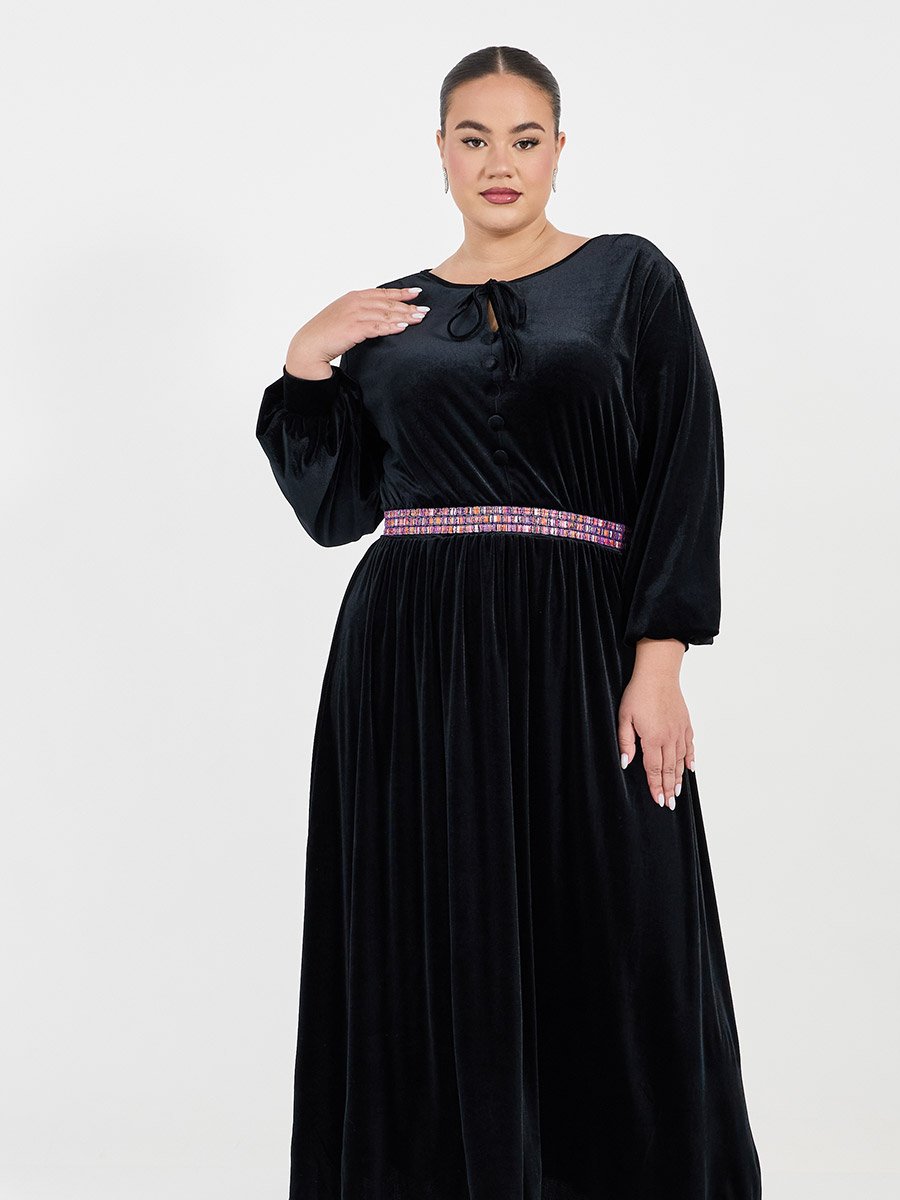 Plus Size Embroidered Waistband Velvet Look Maxi Dress