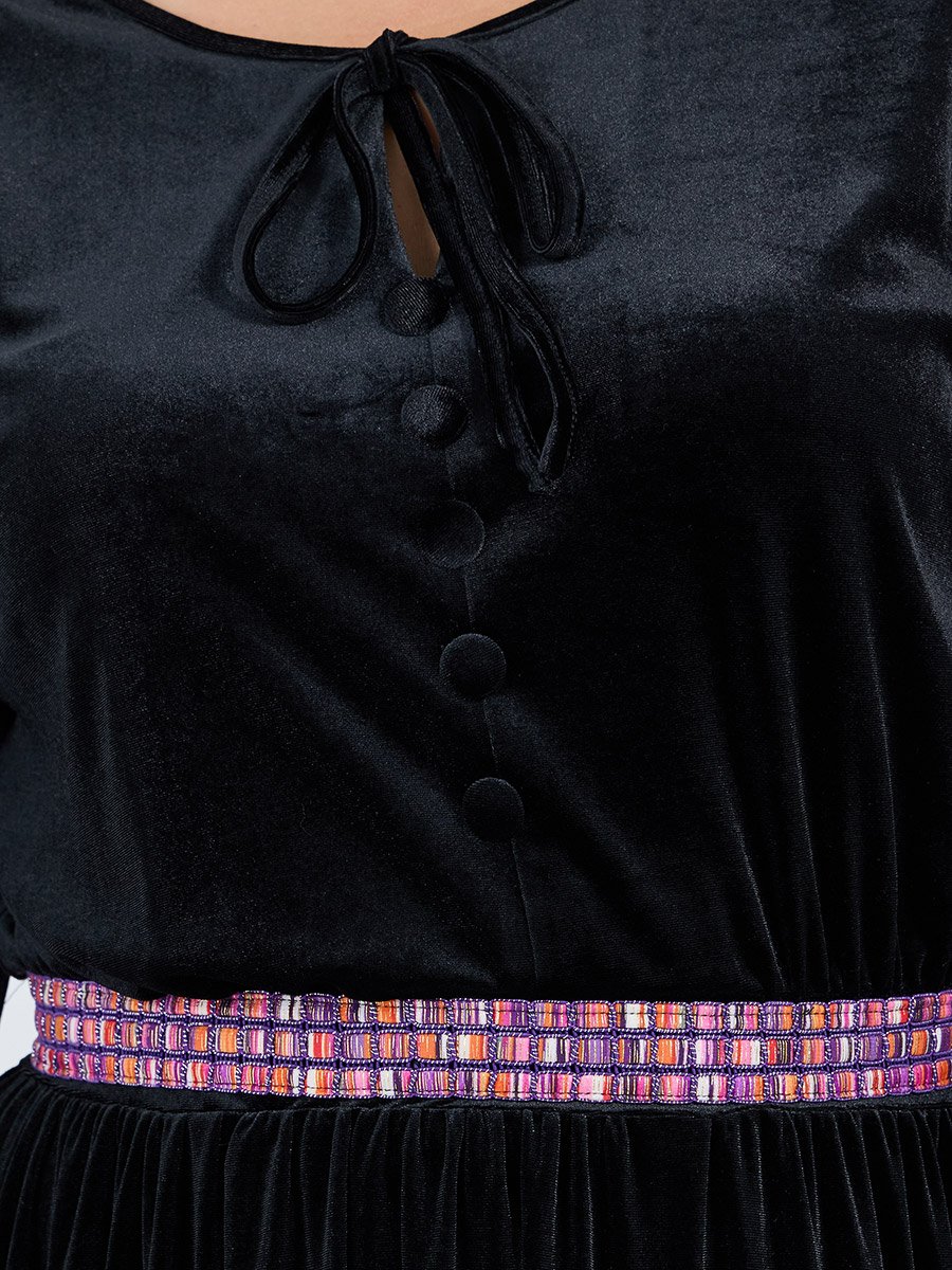 Plus Size Embroidered Waistband Velvet Look Maxi Dress