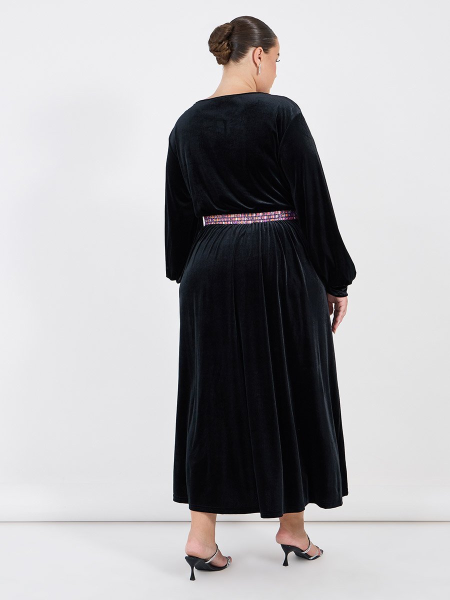 Plus Size Embroidered Waistband Velvet Look Maxi Dress