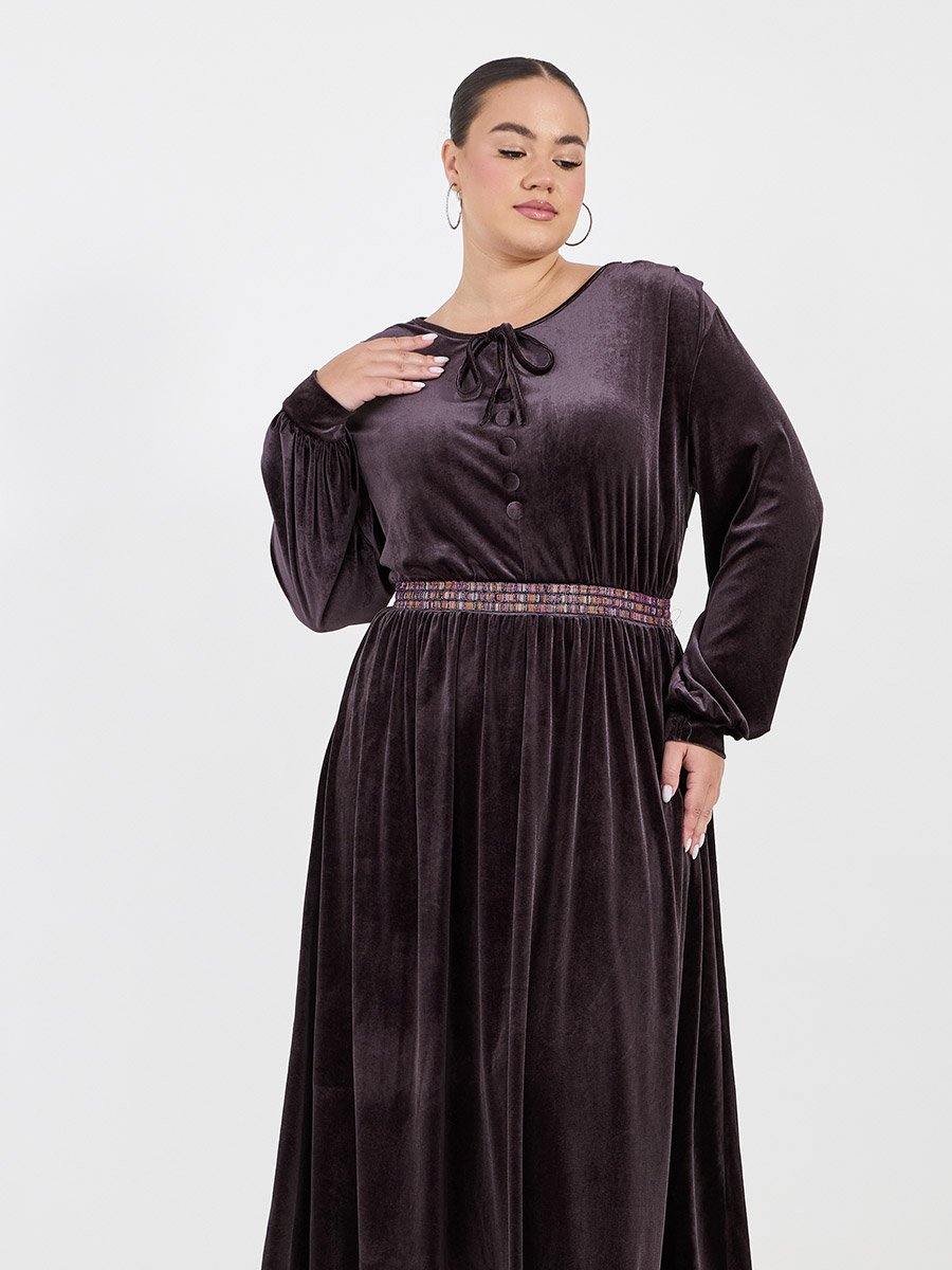 Plus Size Embroidered Waistband Velvet Look Maxi Dress