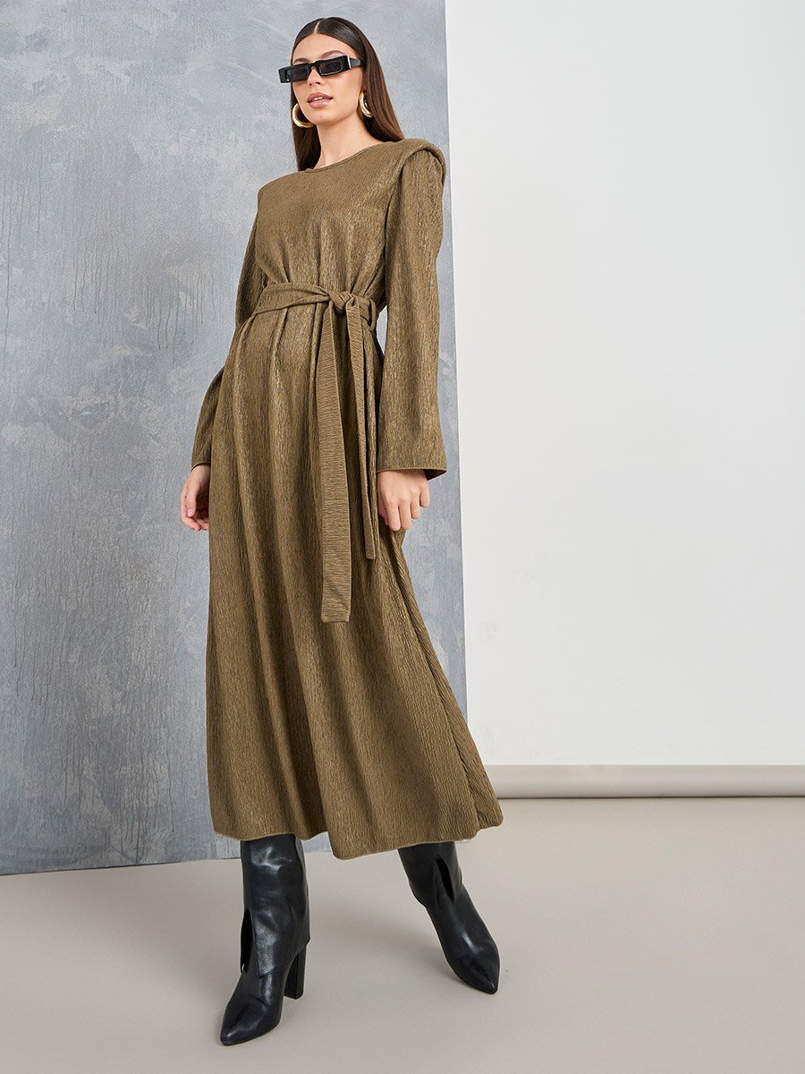 Textured A-Line Midi Dress with Tie Belt