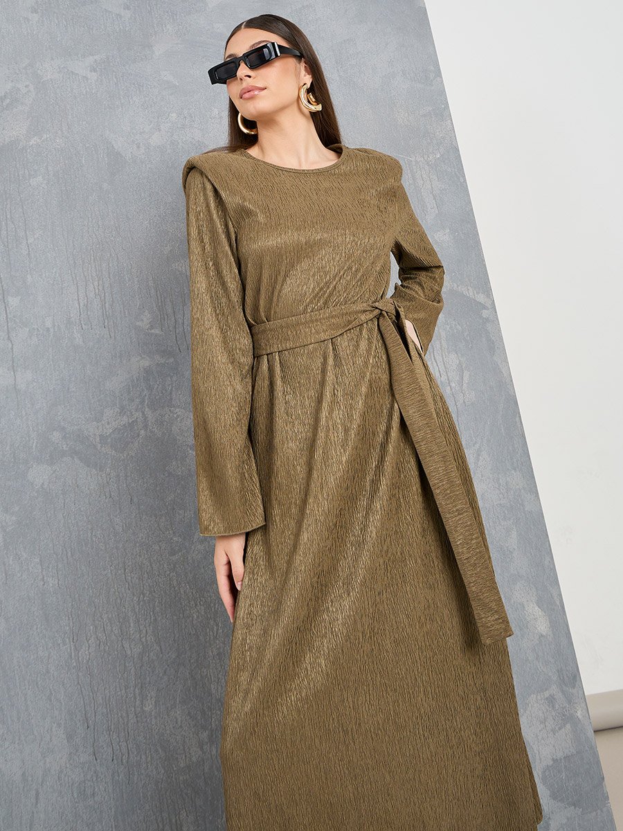 Textured A-Line Midi Dress with Tie Belt
