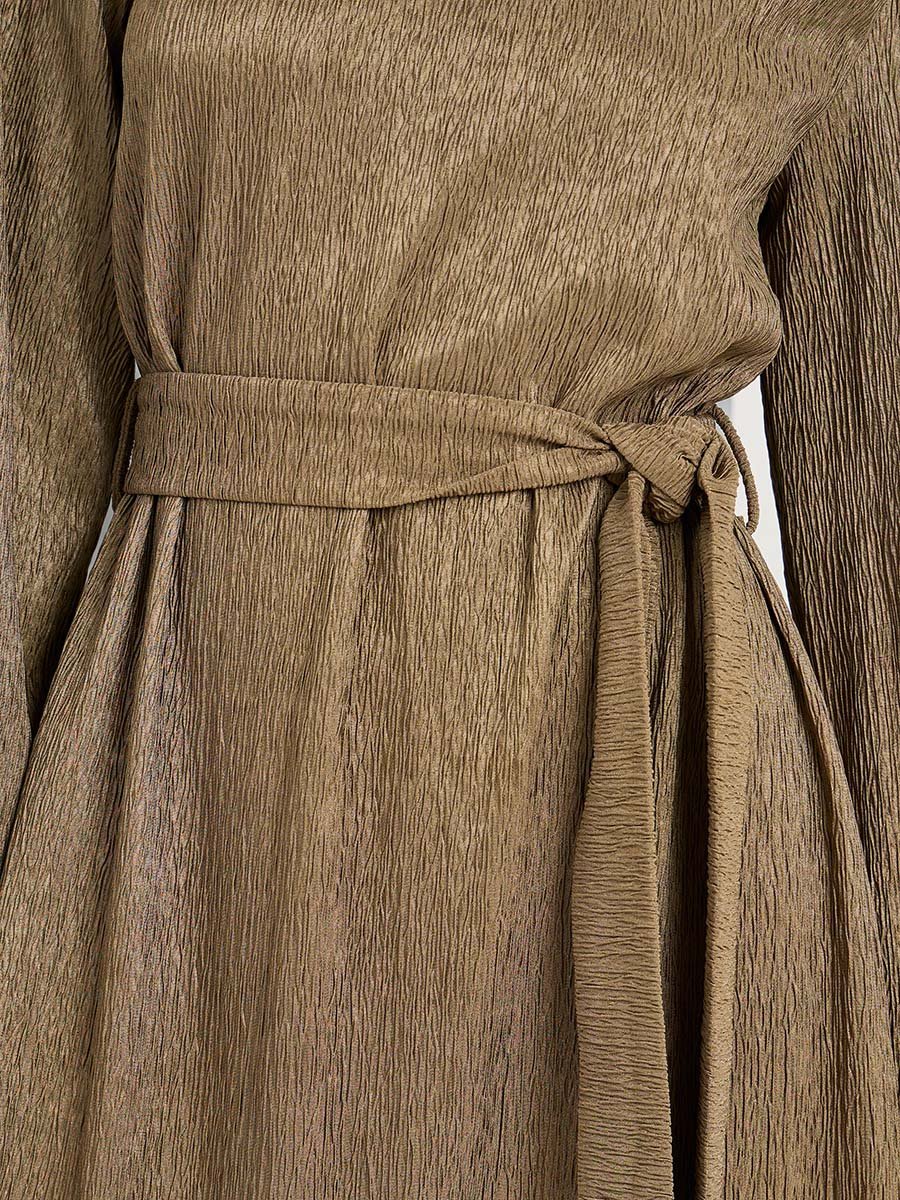 Textured A-Line Midi Dress with Tie Belt