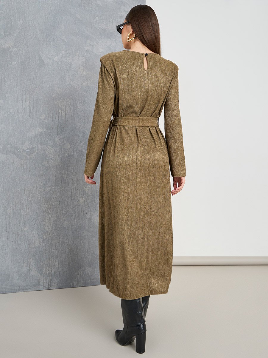 Textured A-Line Midi Dress with Tie Belt