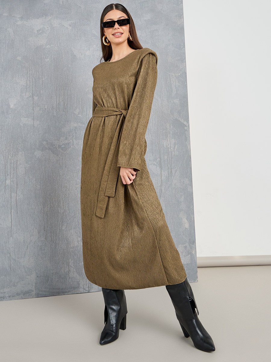 Textured A-Line Midi Dress with Tie Belt