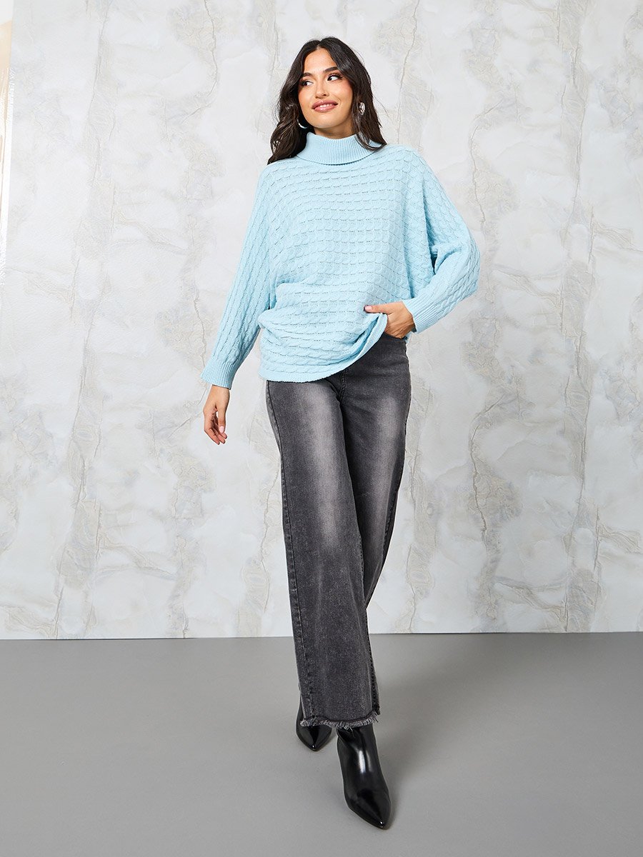 Oversized Textured High Neck Batwing Sleeve Sweater
