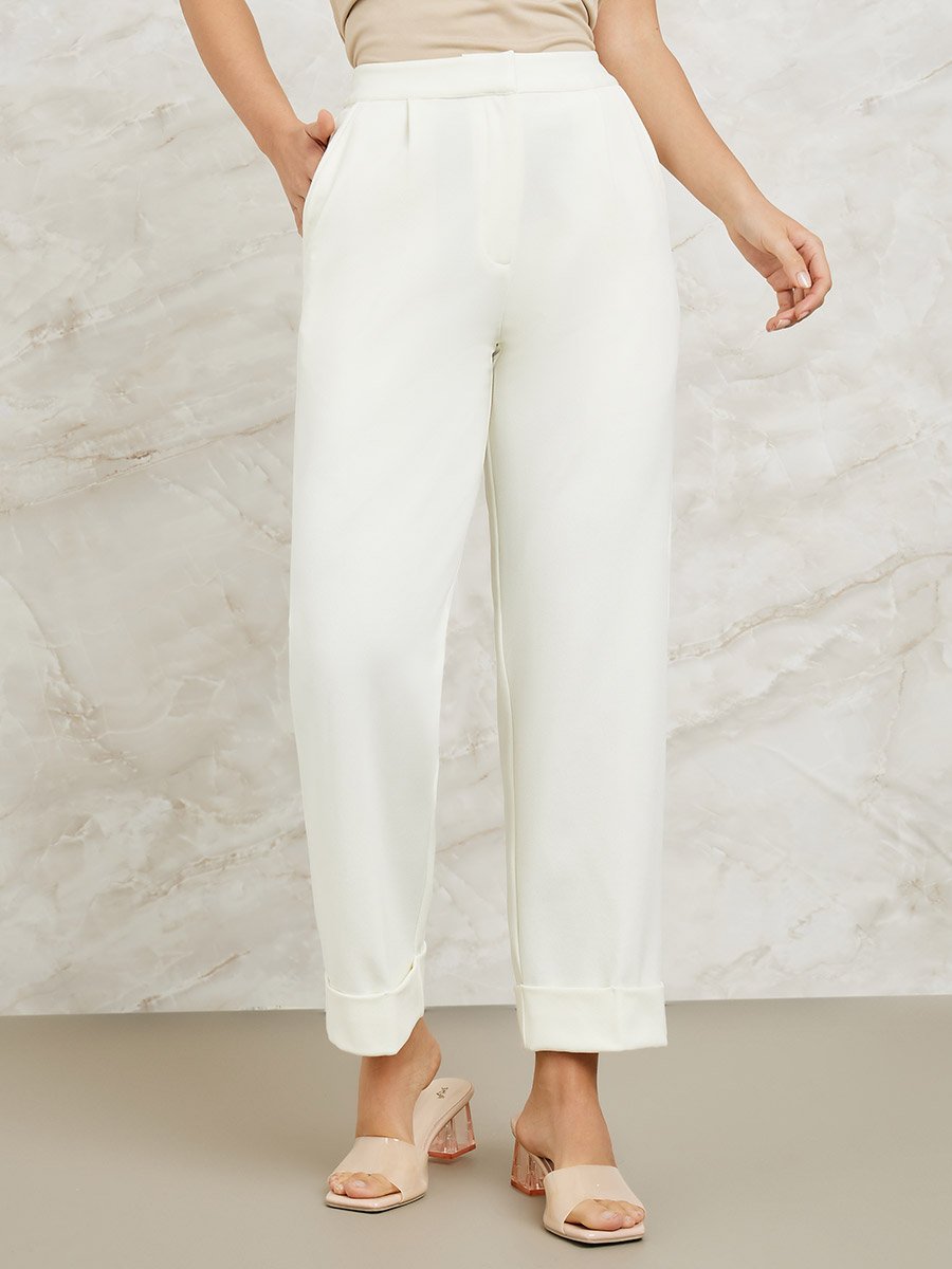 High Rise Relaxed Fit Tailored Pants with Folded Hem