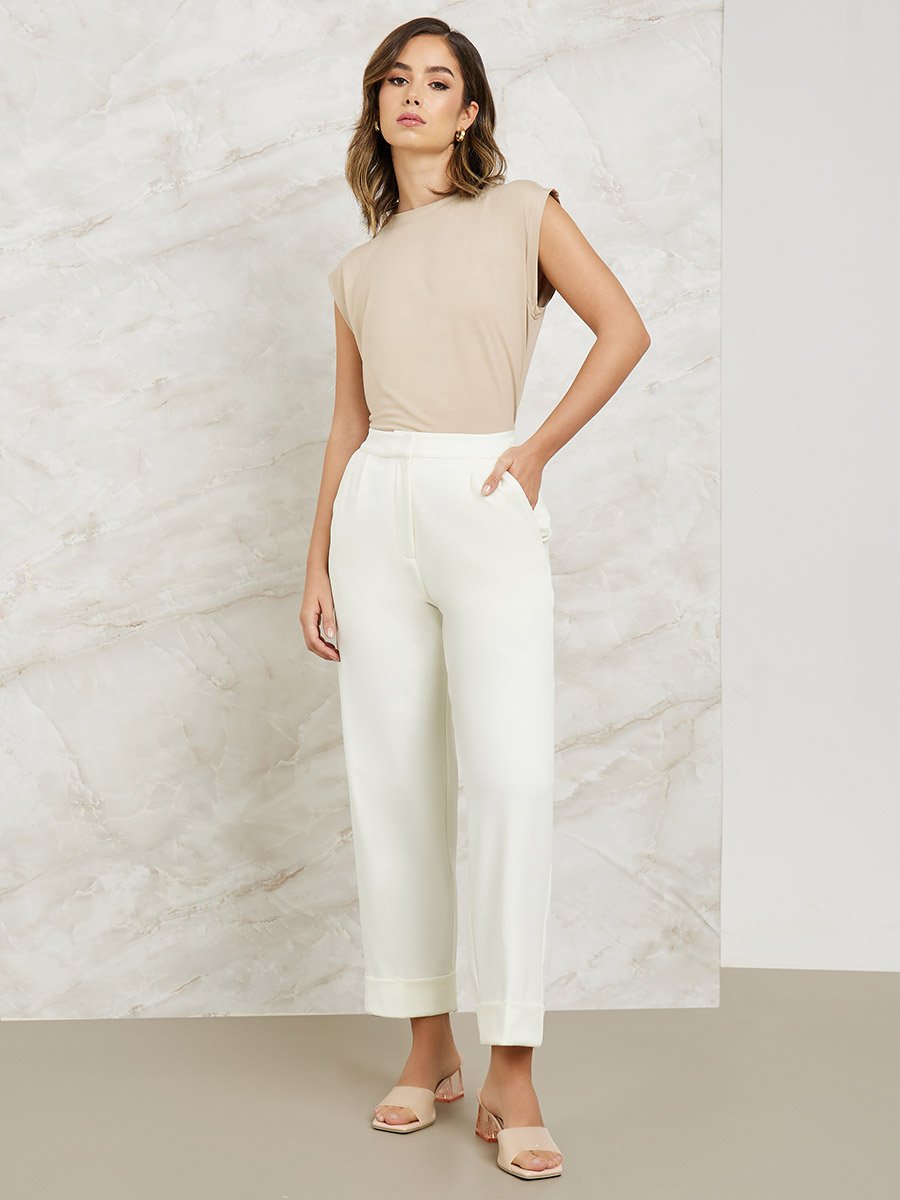 High Rise Relaxed Fit Tailored Pants with Folded Hem