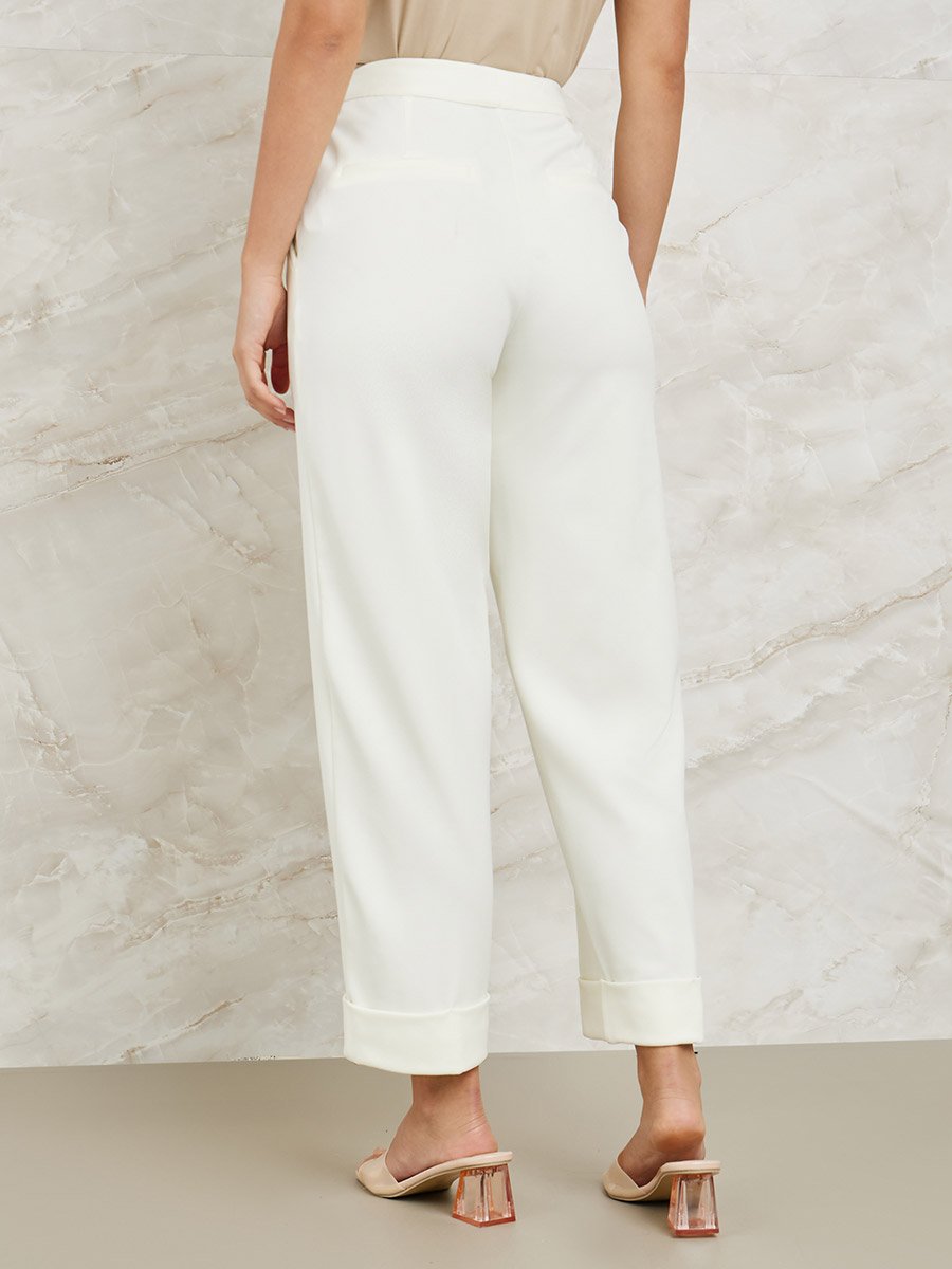 High Rise Relaxed Fit Tailored Pants with Folded Hem