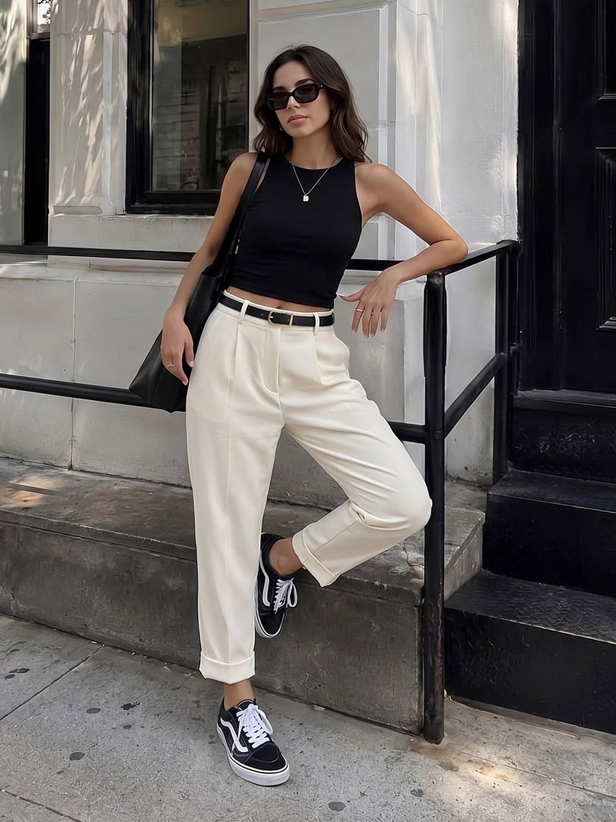 High Rise Relaxed Fit Tailored Pants with Folded Hem