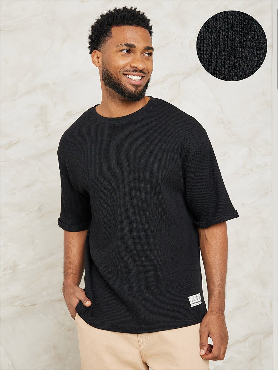 Waffle Knit Oversized T-Shirt with Turn-Up Sleeves For Men at