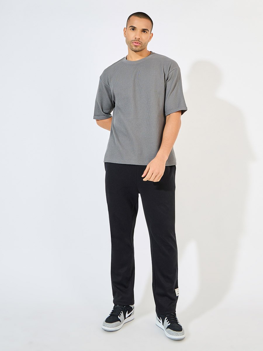 Waffle Knit Oversized T-Shirt with Turn-Up Sleeve