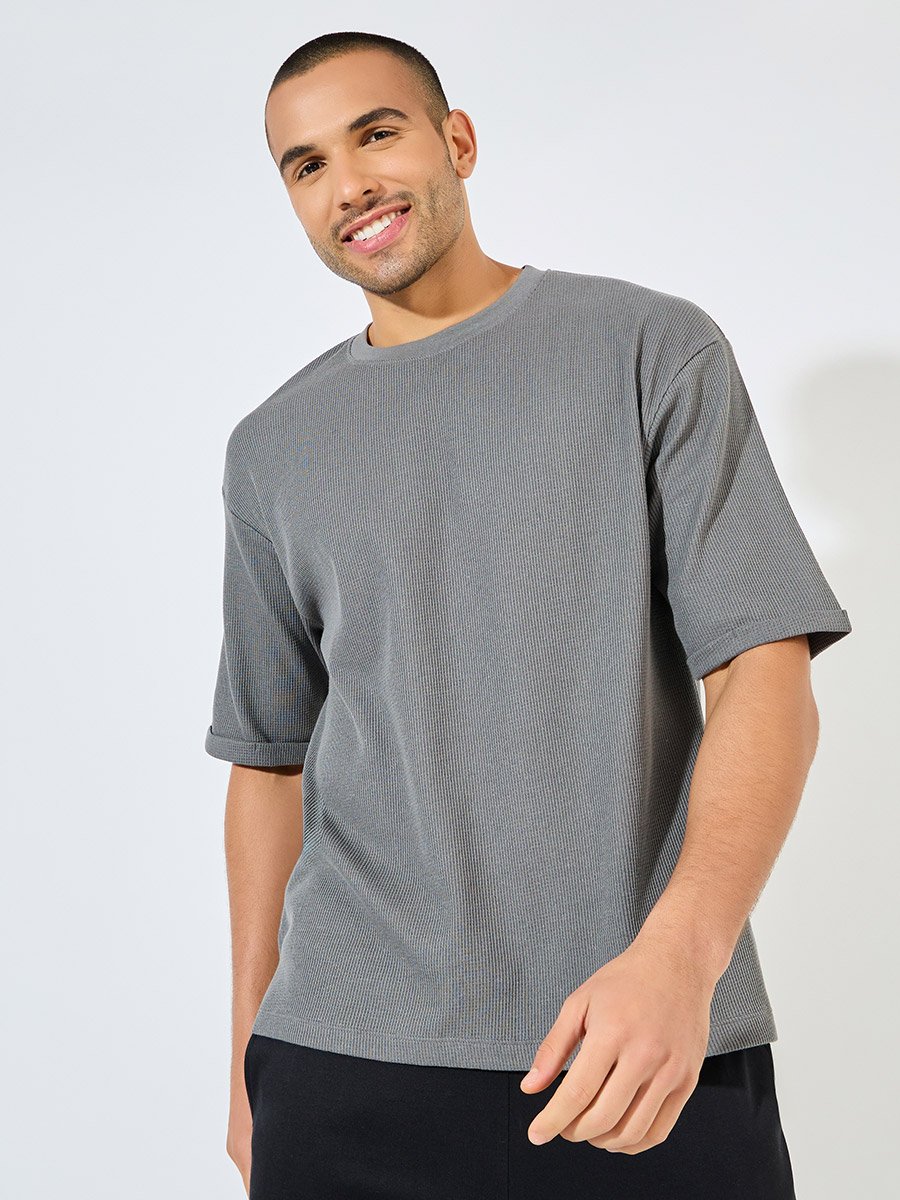Waffle Knit Oversized T-Shirt with Turn-Up Sleeve