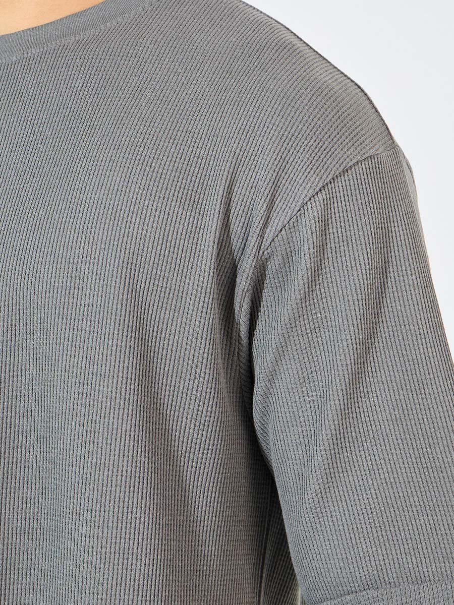 Waffle Knit Oversized T-Shirt with Turn-Up Sleeve