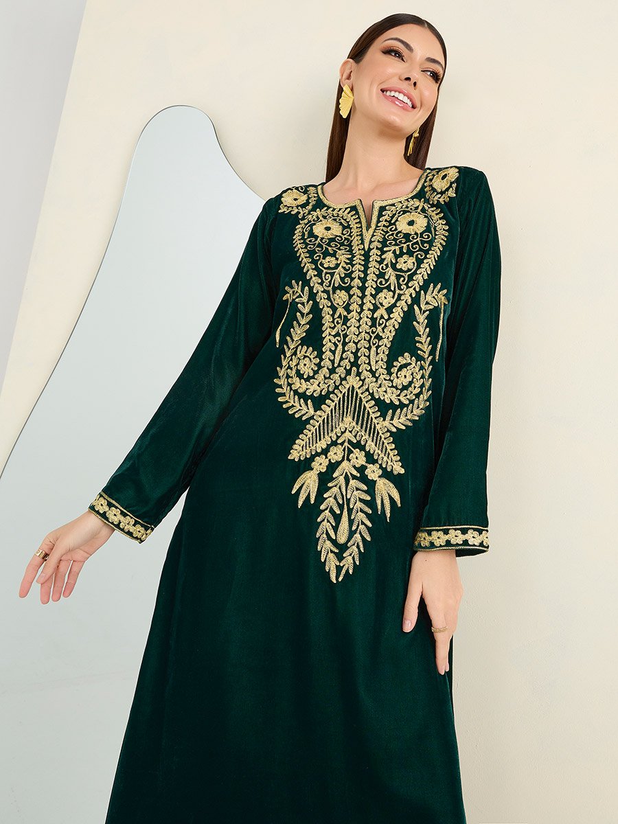 Embroidered Panel Velvet Look Jalabiya For Women at Saudi | Styli