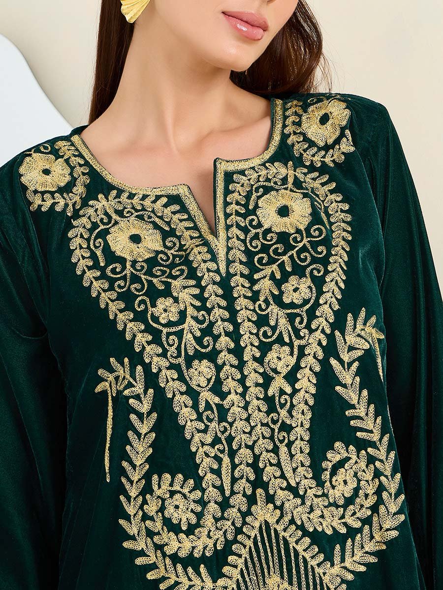 Embroidered Panel Velvet Look Jalabiya For Women at Saudi | Styli