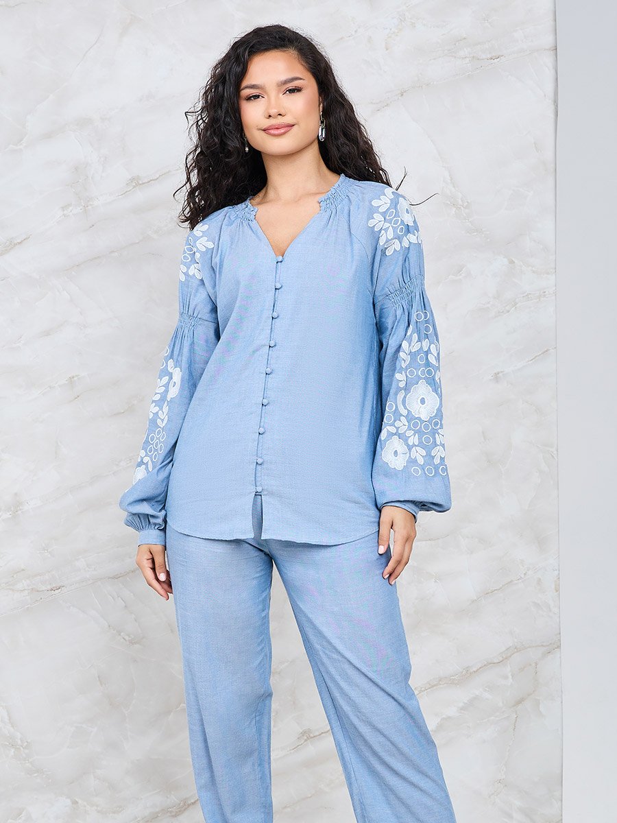 Floral Embroidered Sleeve Button Front Shirt and Pants Co-Ords