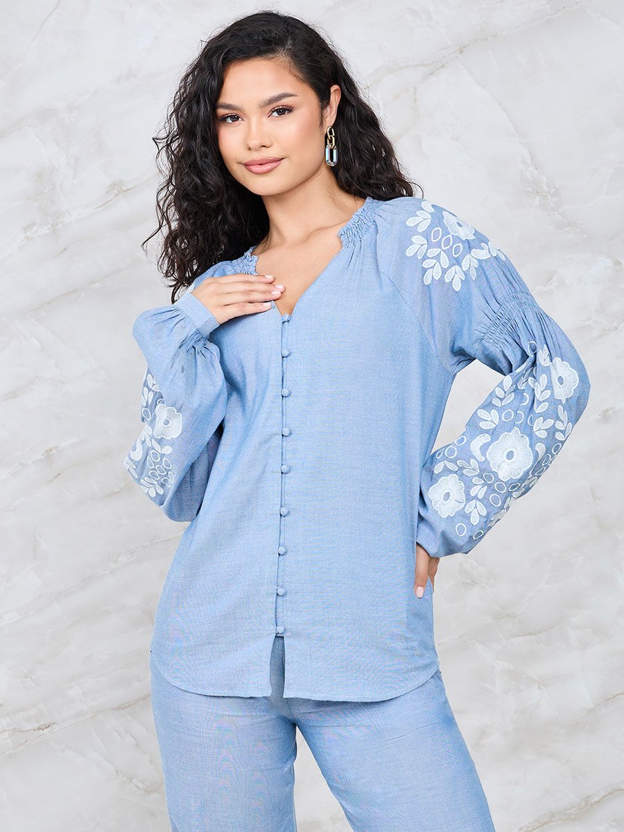 Floral Embroidered Sleeve Button Front Shirt and Pants Co-Ords