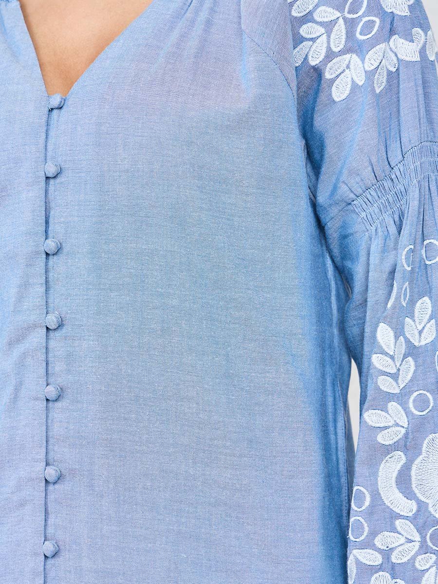 Floral Embroidered Sleeve Button Front Shirt and Pants Co-Ords