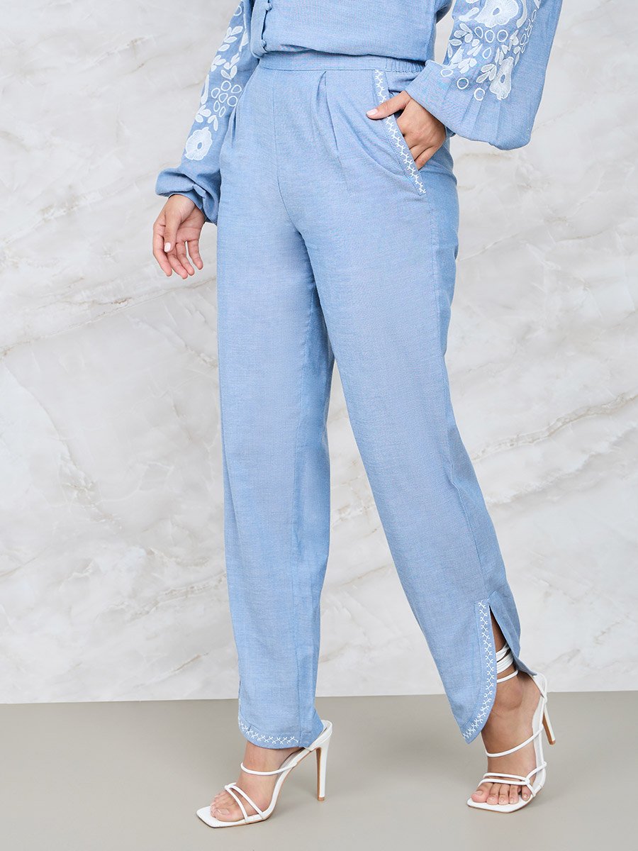 Floral Embroidered Sleeve Button Front Shirt and Pants Co-Ords