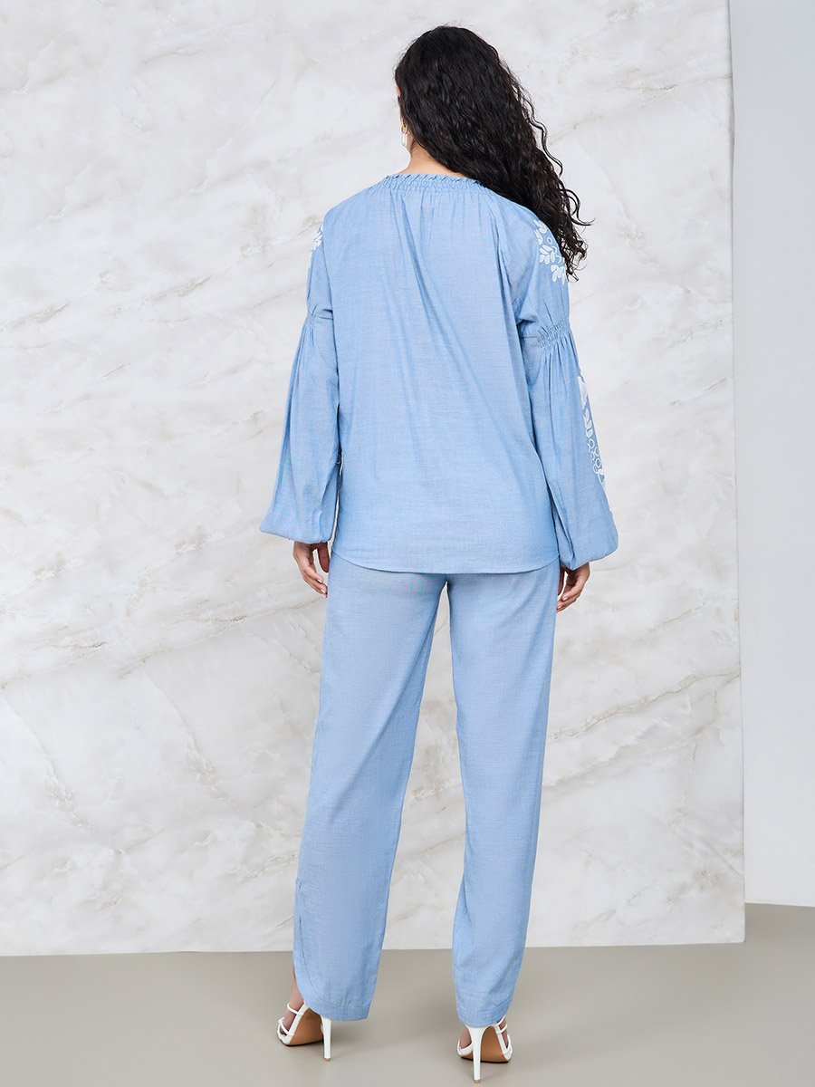 Floral Embroidered Sleeve Button Front Shirt and Pants Co-Ords