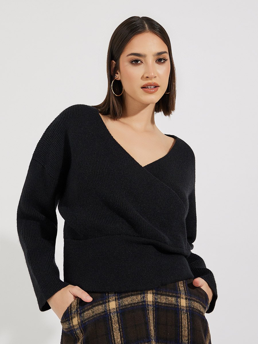 V Neck Wrap Front Knit Top