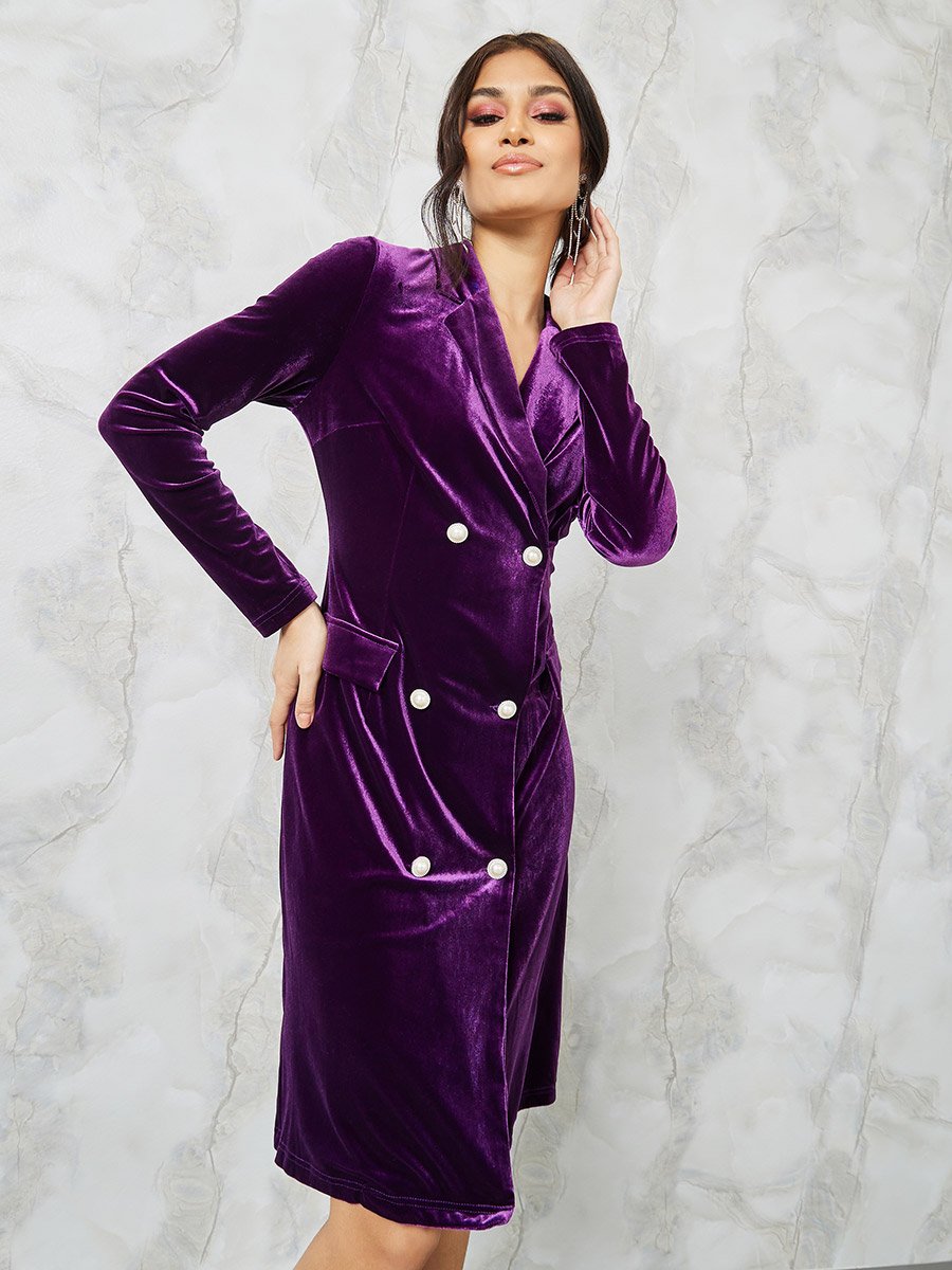 purple velvet blazer dress Purple Crushed Velvet Blazer dress with Sequin Tassels