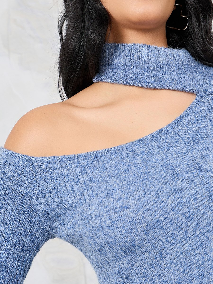 Textured Knit Shoulder Cut-Out Sweater Midi Dress
