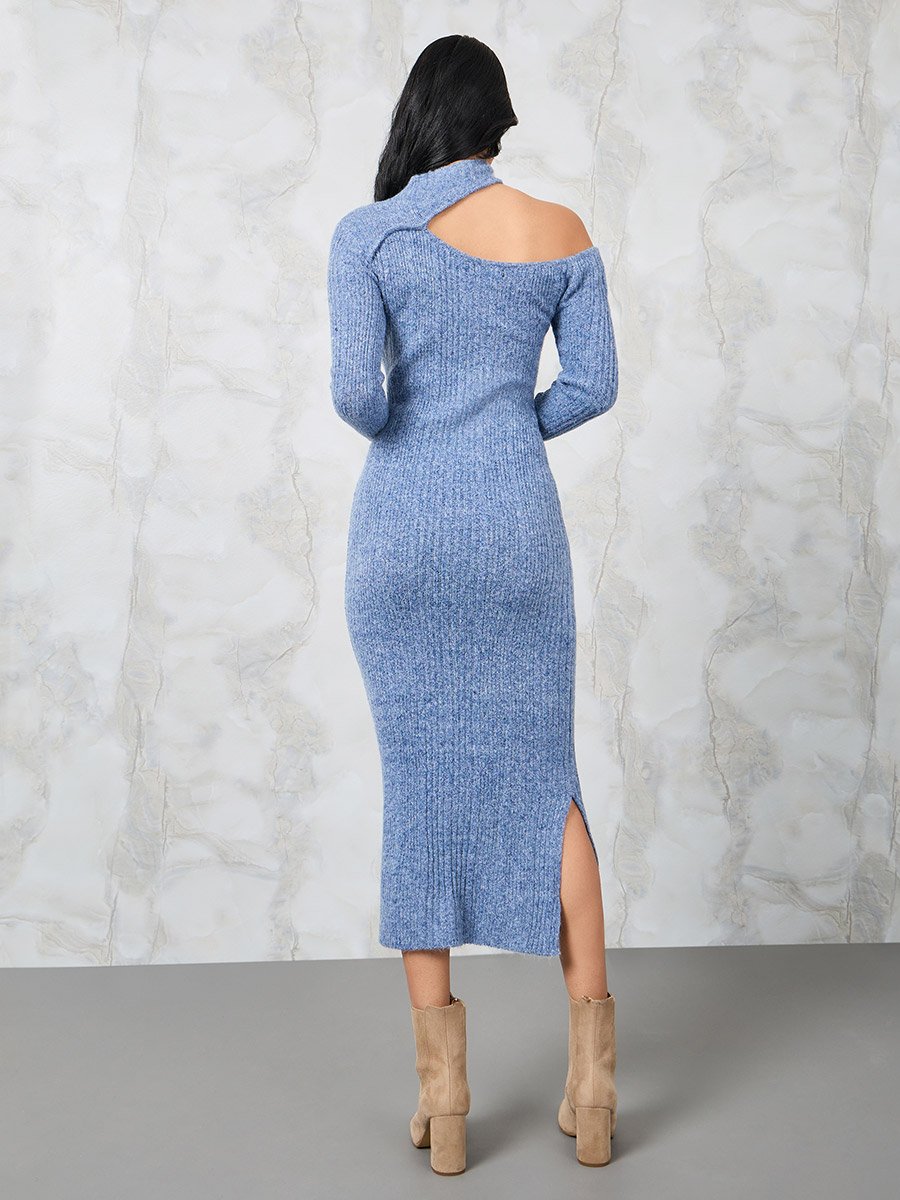 Textured Knit Shoulder Cut-Out Sweater Midi Dress