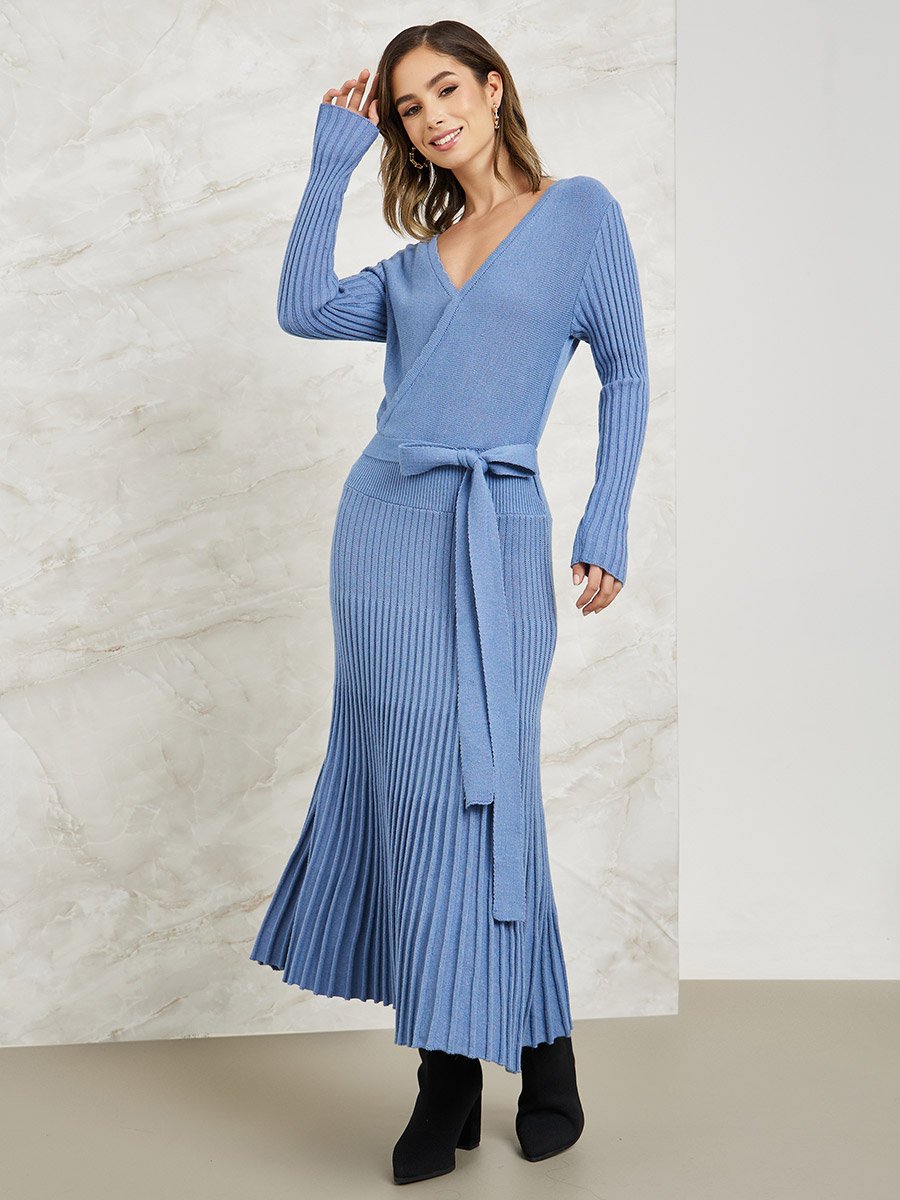 Pleated Hem Knitted Sweater Midi Dress with Tie Belt For Women at UAE |  Styli