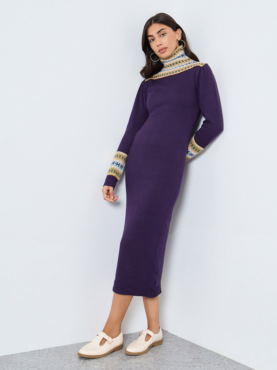 Embroidered Pattern Knitted Sweater Midi Dress