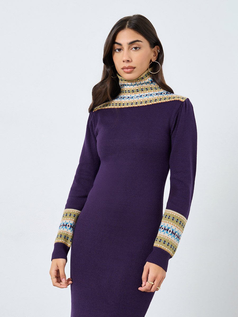 Embroidered Pattern Knitted Sweater Midi Dress