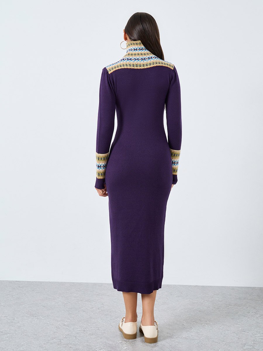 Embroidered Pattern Knitted Sweater Midi Dress