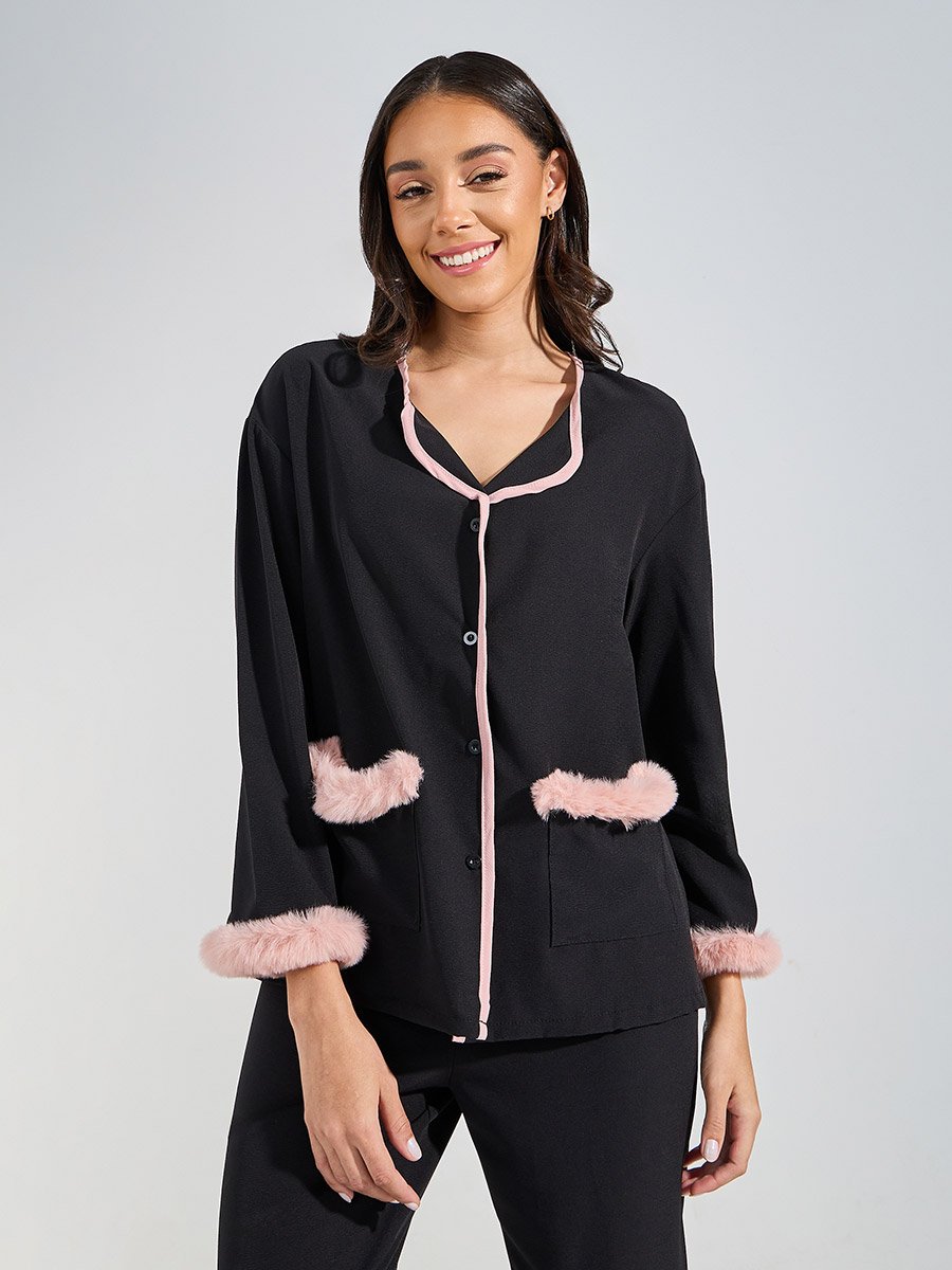 Fleece Trim Button Through Shirt and Pyjama Set