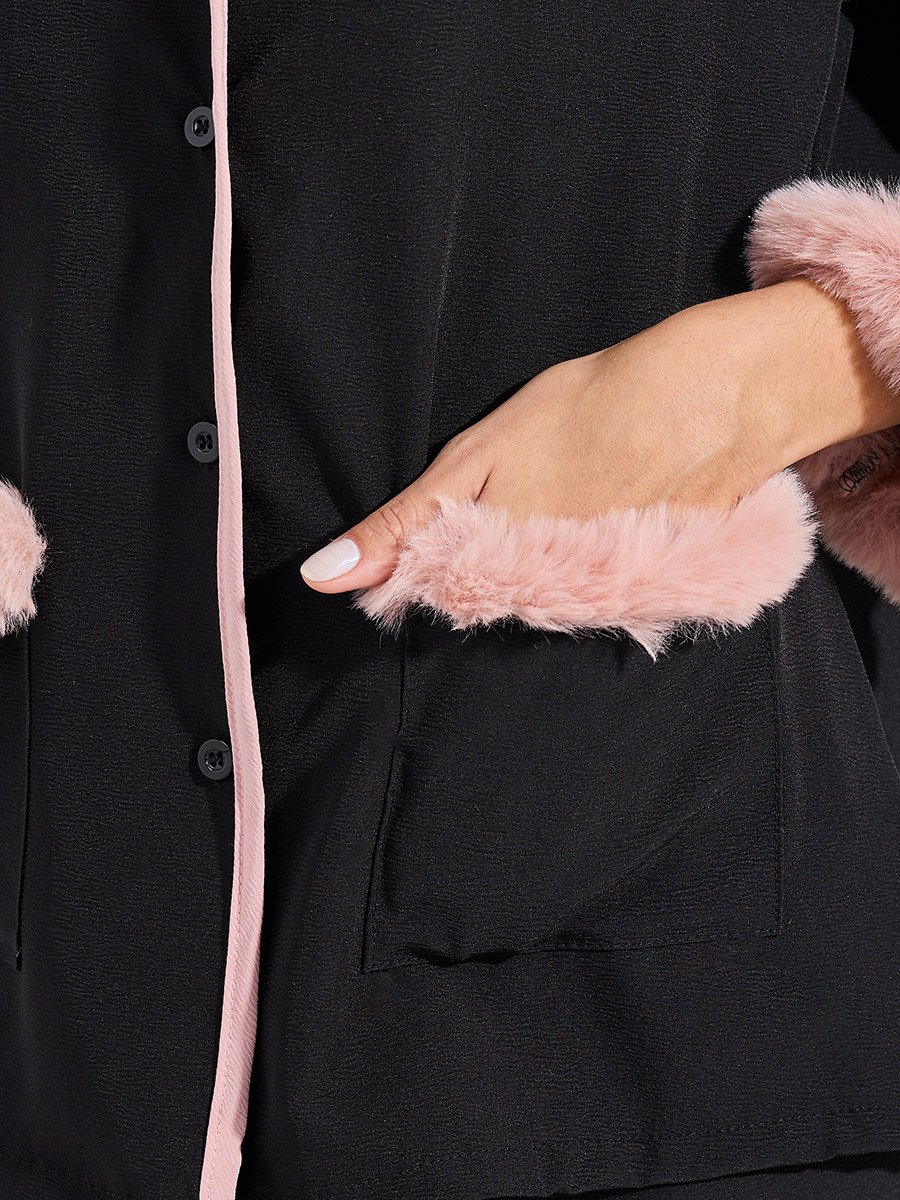 Fleece Trim Button Through Shirt and Pyjama Set