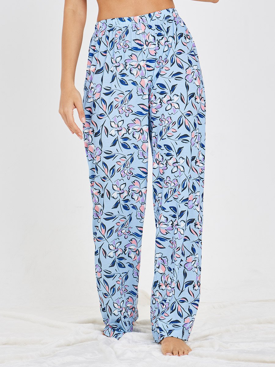 Ruffle Sleeve Solid T-Shirt and Wide Leg Floral Pyjama Set