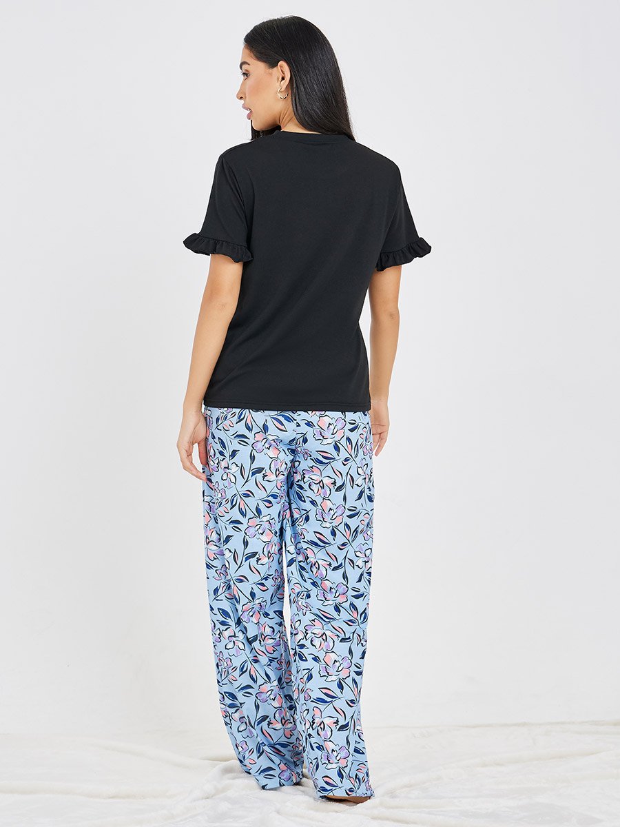 Ruffle Sleeve Solid T-Shirt and Wide Leg Floral Pyjama Set