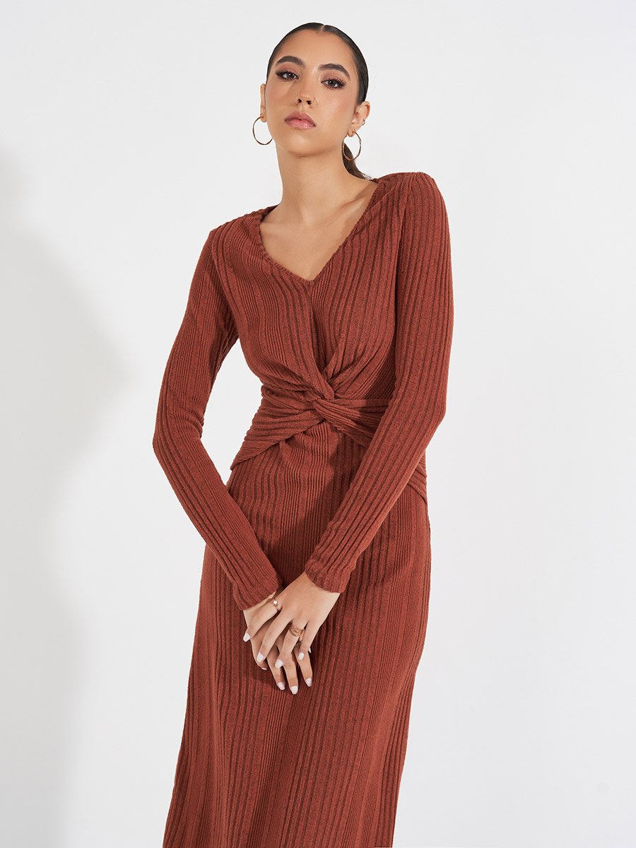 knotted a line dress Front Knot Detail Textured Knit A-Line Midi For Women at Kuwait Color:Magenta Imagine feeling chic and Color Group:RED The Cutest Knee Length