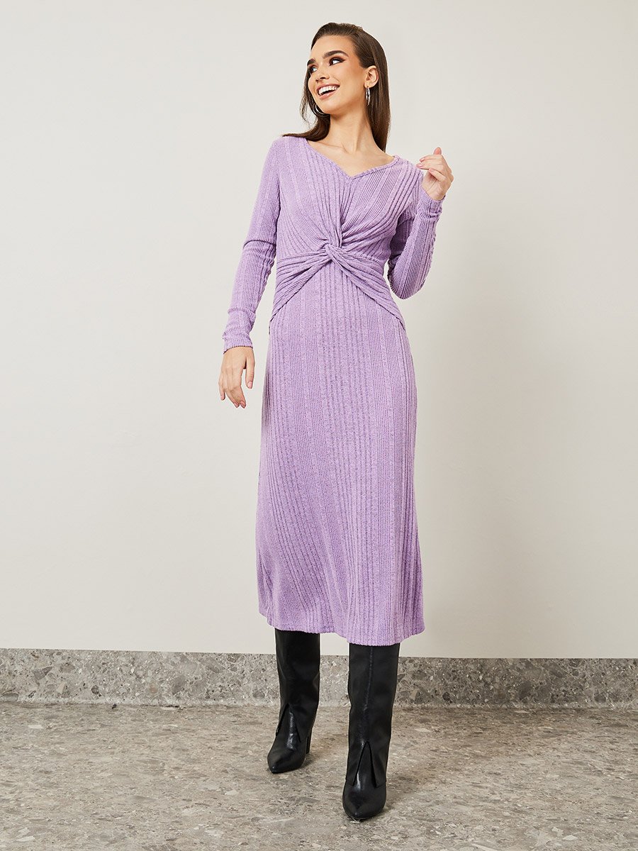 Front Knot Detail Textured Knit A-Line Midi Dress For Women at Kuwait |  Styli