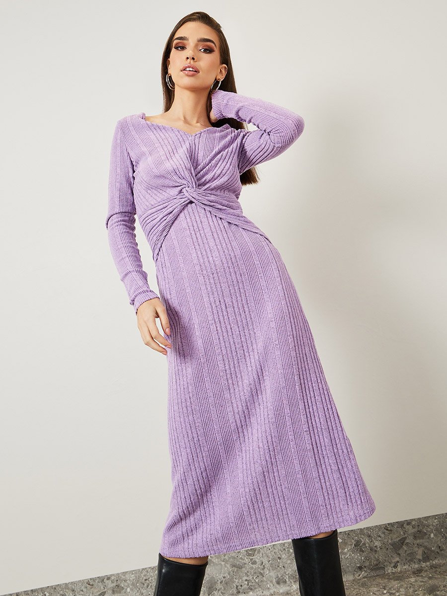 Front Knot Detail Textured Knit A-Line Midi Dress For Women at Kuwait |  Styli
