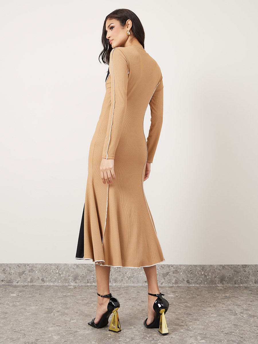Ribbed Overlock Seam A-Line Midi Dress For Women at Saudi | Styli