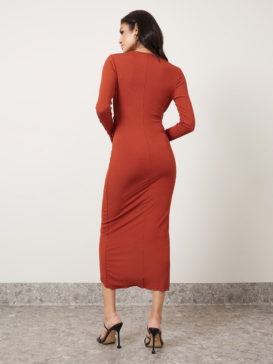 Gathered Waist Ribbed Wrap Front Midi Dress For Women at Kuwait | Styli Gathered Waist Ribbed Wrap Front Midi Dress For Women at Kuwait | Styli