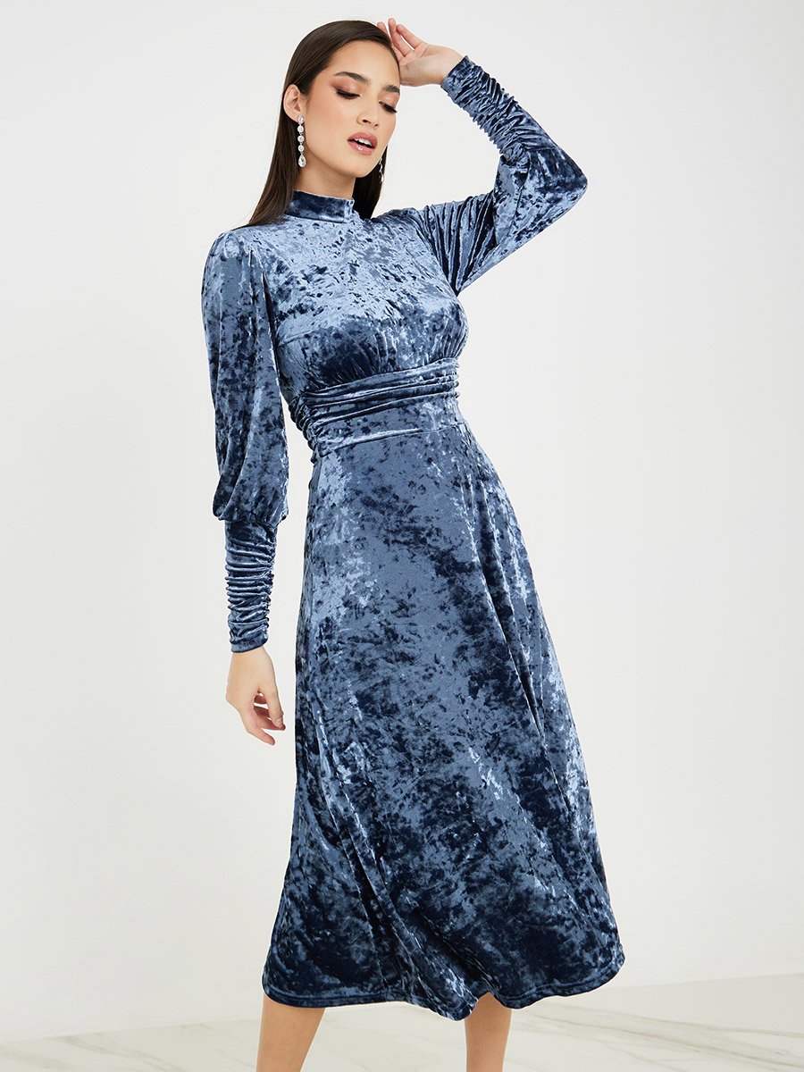 High Neck Velvet A-Line Midi Dress For Women at Saudi | Styli