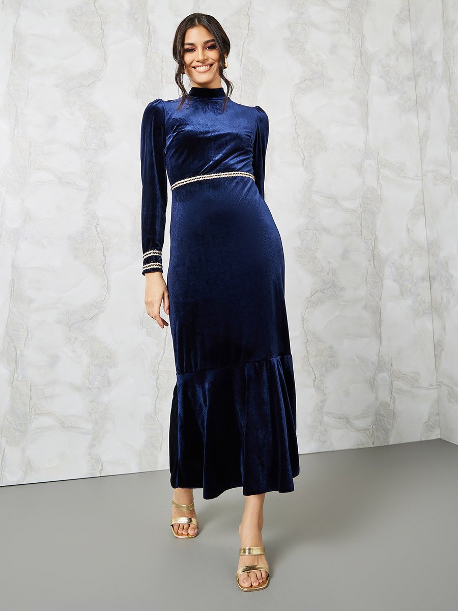 formal midi a line dress Navy Wedding Guest Dress 2026 Long Sleeve A Line Formal Midi Dress with Waist Tie and Split Neck, S / Dark Blue